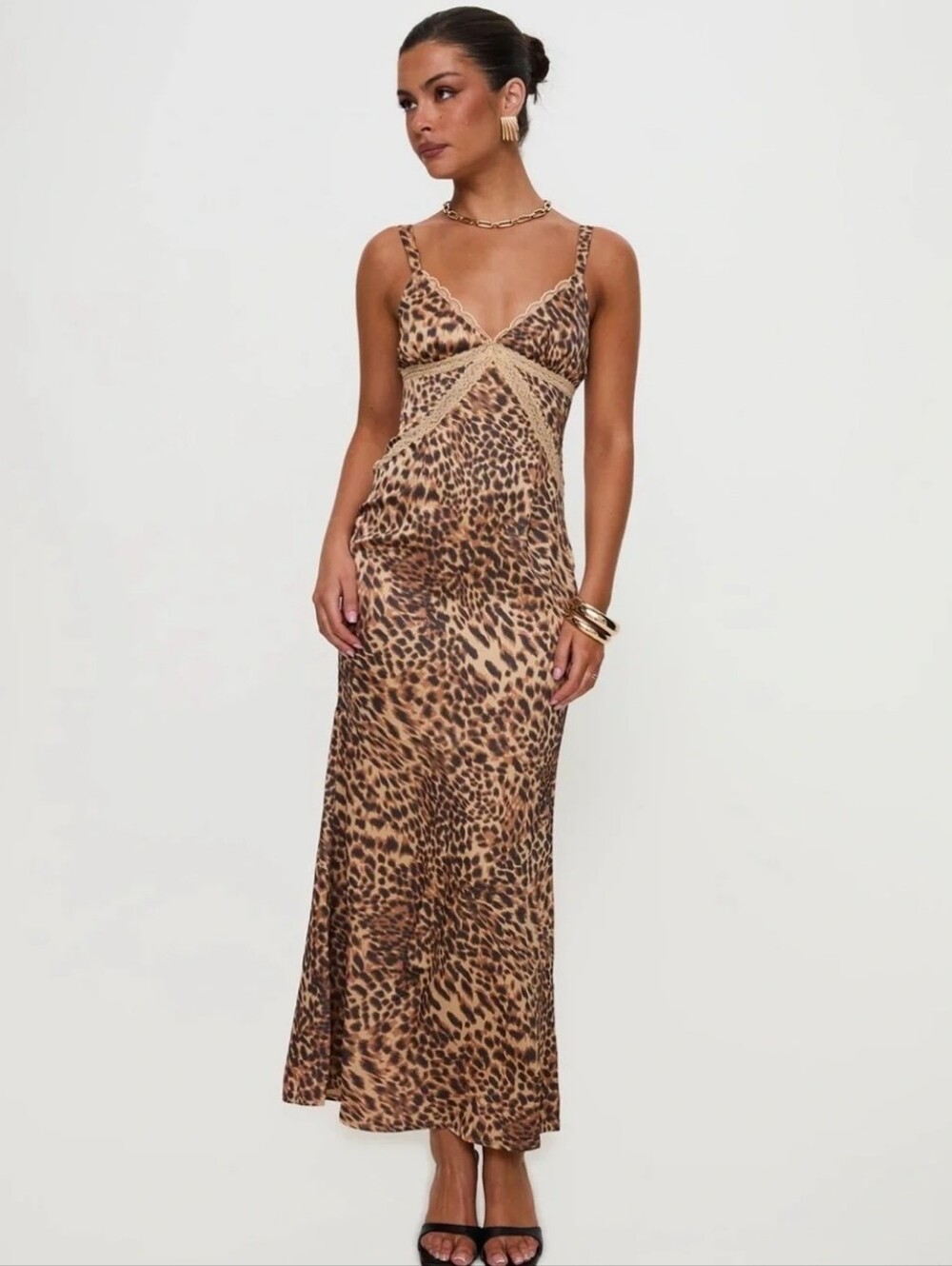 Princess Polly Sanctuary Leopard Maxi Dress Satin Lace Tie Back Y2K Mob Wife